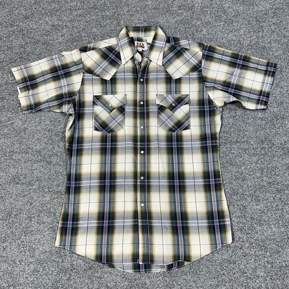 Vintage Ely Cattlemen Mens Shirt Medium Brown Western Snap Plaid
